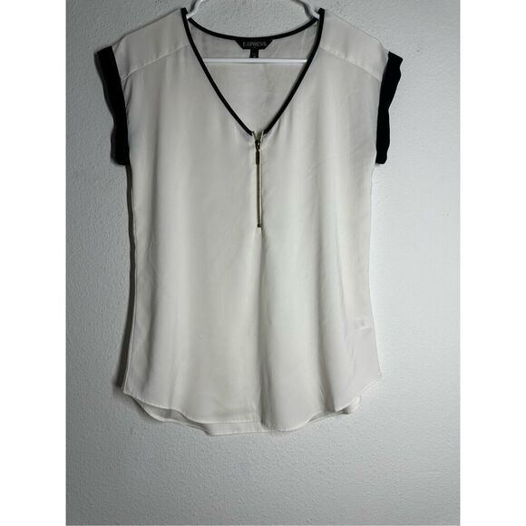 Express Zip-Up Top Womens Size XS Cuffed V-Neck Career White Black See Notes - Picture 1 of 10